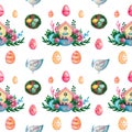 Spring Easter composition house basket branches flowers eggs on white isolated background Festive symbolic elements seamless