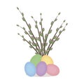 Spring Easter composition made of a bunch of willows and colorful chicken eggs isolated on white background vector drawing Royalty Free Stock Photo