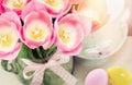 Spring easter composition of pink tulips and colorful eggs Royalty Free Stock Photo