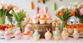 Spring Easter Dessert Table with Bunny Cupcakes, Floral Decor, and Pastel Balloons