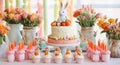 Spring Easter Dessert Table with Bunny Cupcakes, Floral Decor, and Pastel Balloons