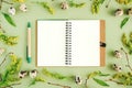 Spring easter floral frame and notebook. Natural tree branches, yellow flowers, quail eggs, open blank notepad on green background Royalty Free Stock Photo