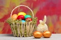 Spring easter holiday, colorful eggs, golden egg in basket, rabbit Royalty Free Stock Photo