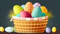 A classic woven basket overflowing with beautifully decorated Easter eggs, tempting chocolates - ai generated.