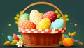 A classic woven basket overflowing with beautifully decorated Easter eggs, tempting chocolates - ai generated.