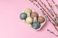 Spring easter minimal background rustic style composition - organic naturally dyed easter eggs Royalty Free Stock Photo