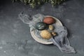Spring easter minimal background rustic style composition - organic naturally dyed easter eggs Royalty Free Stock Photo