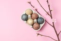 Spring easter minimal background rustic style composition - organic naturally dyed easter eggs Royalty Free Stock Photo