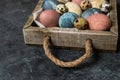 Spring easter minimal background rustic style composition - organic naturally dyed easter eggs
