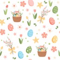 Spring easter pattern with cute elements - decorated eggs and flowers. Vector illustration in flat cartoon style