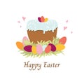 Spring Easter poster of Easter cake with sprinkles, brightÂ coloured eggs.