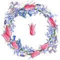 Spring easter round frame with space for text. Primrose flowers,handdrawn,blue and pink