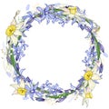 Spring easter round frame with space for text. Primrose flowers,handdrawn,blue and yellow