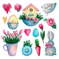 Spring Easter set of watercolor elements Bunny chick bird house heart flowers branch on a white isolated background Royalty Free Stock Photo