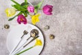 Spring Easter Table setting with flowers and Eggs Royalty Free Stock Photo