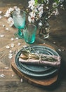 Spring Easter Table setting over vintage wooden background Royalty Free Stock Photo