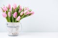 Spring easter tulips in bucket on white vintage background. Royalty Free Stock Photo