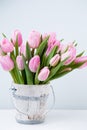 Spring easter tulips in bucket on white vintage background. Royalty Free Stock Photo