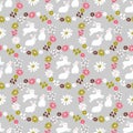 Spring, Easter vector seamless pattern cute retro rabbits, wreath of leaves and blossom little flowers Royalty Free Stock Photo