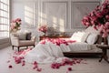 Spring elegance bedroom interior featuring large white bed, peonies