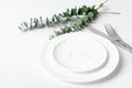 Spring elegant table setting, Rustic restaurant menu concept. white dishes and silverware next to eucaliptus branches on