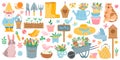 Spring Elements. Blooming Flower, Cute Animals And Birds. Springtime Garden Decoration, Birdhouse, Tool And Plants