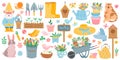 Spring Elements. Blooming Flower, Cute Animals And Birds. Springtime Garden Decoration, Birdhouse, Tool And Plants, Drawn Cartoon