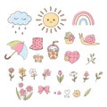 Spring Elements with Cloud, Sun, Rainbow, Umbrella, Flowers and Plants Hand Drawn Royalty Free Stock Photo
