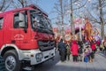 During the Spring Festival in China, a standby in Confucius temple square fire engines