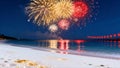 Generative AI.Spring Festival Seaside Firework Night Scene Illustration Royalty Free Stock Photo