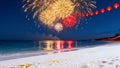 Generative AI.Spring Festival Seaside Firework Night Scene Illustration Royalty Free Stock Photo