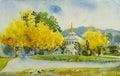 Spring festival, Watercolor landscape panorama painting on paper colorful of golden tree and flowers Royalty Free Stock Photo