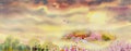 Spring festival, Watercolor landscape panorama painting on paper colorful of Village and flowers Royalty Free Stock Photo