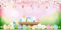 Spring field with bunny hunting Easter eggs and cherry blossom frame,Vector Cute cartoon rabbits and hunny bees flying in grass