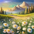 Spring field field of daisies mountain beauty, cloudy sunset sky, vector Royalty Free Stock Photo