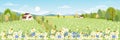 Spring field with fluffy cloud on blue sky,Cute cartoon panorama rural landscape green grass with honey bee collecting pollen on Royalty Free Stock Photo