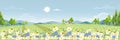 Spring field with fluffy cloud on blue sky,Cute cartoon panorama rural landscape green grass with honey bee collecting pollen on Royalty Free Stock Photo