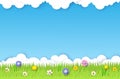 Spring field, vector paper cut illustration. Green grass, spring flowers, blue sky with white clouds. Nature landscape. Royalty Free Stock Photo
