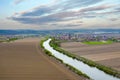 Spring fields with river - drone view Royalty Free Stock Photo