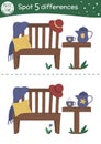 Spring find differences game for children. Garden preschool activity with cozy bench, tea table, cup, pillow. Attention skills