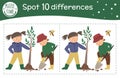 Spring find differences game for children. Garden preschool activity with girl and boy planting tree. Puzzle with cute funny