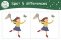 Spring find differences game for children. Garden preschool activity with girl with a net catching butterfly. Puzzle with cute