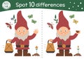 Spring find differences game for children. Garden preschool activity with gnome, baby plants and insects. Attention skills puzzle