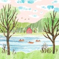 Spring fishing. Watercolor cute vector landscape with fishermen on boats, trees, house and mountains. Fishing in the river.