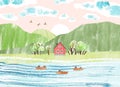 Spring fishing. Watercolor vector landscape with fishermen on boats, house, clouds and mountains. Fishing in the river. Cute Royalty Free Stock Photo