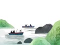 Spring fishing. Watercolor vector template with fishermen on boats, river and hills.
