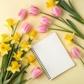 Spring flat lay with blank notebook surrounded by pink tulips and yellow daffodils Royalty Free Stock Photo