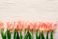 Spring flat lay. pink tulips on white rustic wooden background f Royalty Free Stock Photo