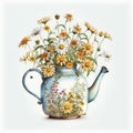 Spring Fling: Watercolor Flowers Bursting from a Rusty Metal Teapot AI Generated