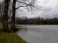 Spring flood. A river overflowed in the city park and flooded the amateur football stadium. Very gloomy weather